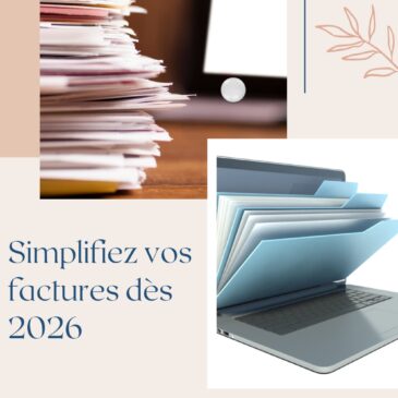 Illustration de la facturation électronique : piles de papiers à gauche et ordinateur avec dossiers numériques organisés à droite. Message “Simplifiez vos factures dès 2026” pour artisans, commerçants et indépendants.